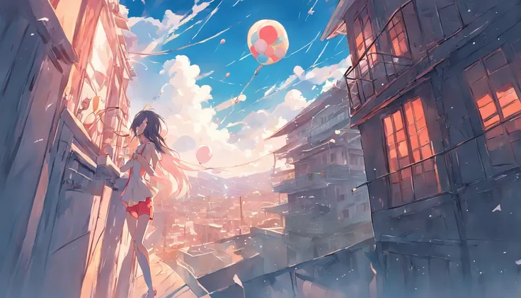 hot sunny day, alone girl, short pants, lollipop, balcony, taken from outside balcony, balloons and kites in sky, deep blue sky, nostalgic, bicycles below balcony, warehouse kind of building, ultra detailed, 8k, digital painting, reminiscing