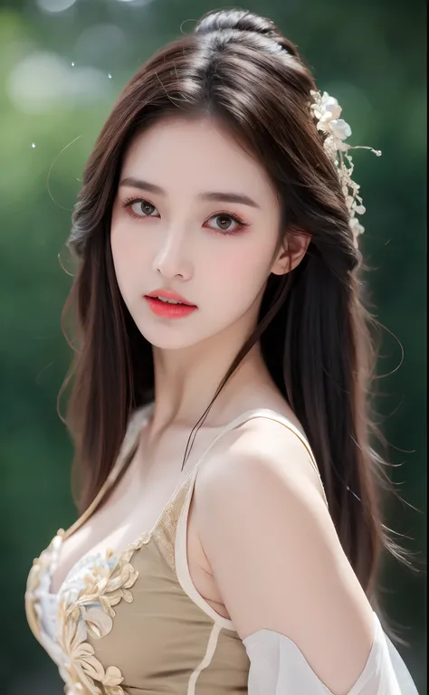 ((Best Quality, 8k, Masterpiece: 1.3)), Focus: 1.2, Perfect Body Beauty: 1.4, Buttocks: 1.2, ((Layered Haircut)), (Wet Clothes: 1.1), (Rain, Street:1.3), (Breasts: 1.2), (Hanfu: 1.2), Bare Shoulders, Bare Legs, Highly Detailed Face and Skin Texture, Fine E...