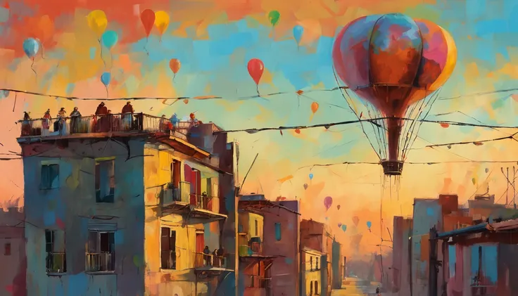 hot sunny day, alone girl, short pants, lollipop, balcony, taken from outside balcony, balloons and kites in sky, deep blue sky, nostalgic, bicycles below balcony, warehouse kind of building, ultra detailed, 8k, digital painting, reminiscing