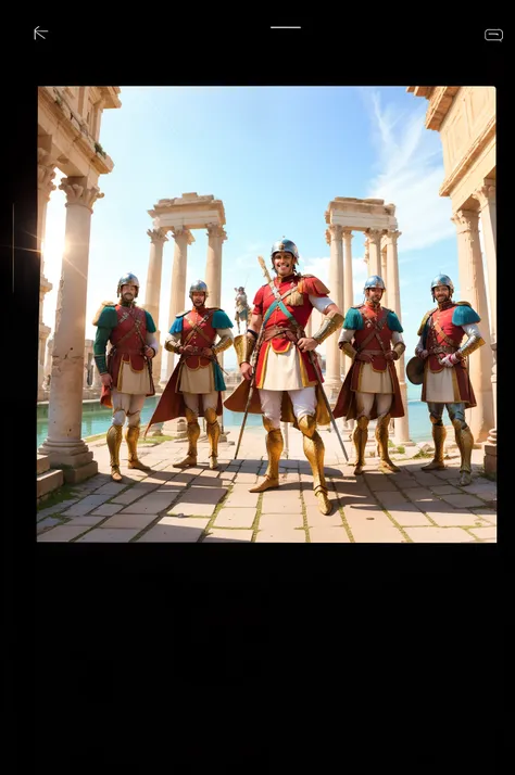 Generate a group of Roman soldiers taking pictures as a group with a phone, smiling