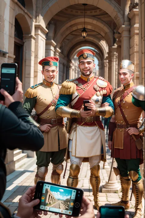 Generate a group of Roman soldiers taking pictures as a group with a phone, smiling