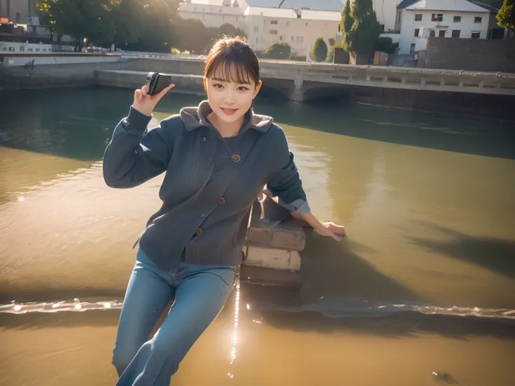 High quality，1 beautiful woman，Sit by the river and take pictures