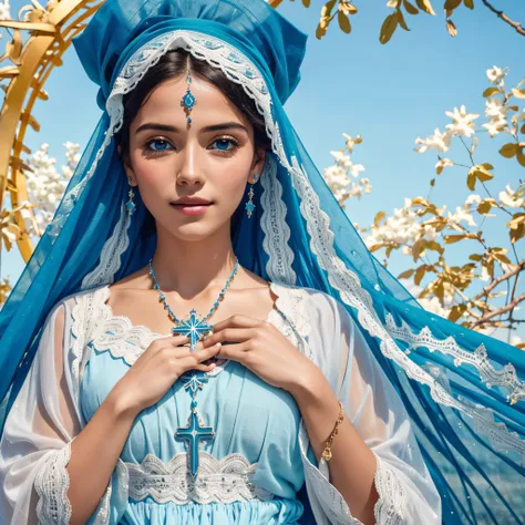 Create an image of Mary with her hands in prayer with a blue veil on her head and tunic closed to her neck full of lace details: azul claro com branco, Detalhes em dourado, She wears a pendant hanging from her neck in the shape of a very bright cross, She ...