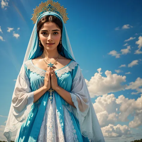 Create an image of Mary with her hands in prayer with a blue veil on her head and tunic closed to her neck full of lace details: azul claro com branco, Detalhes em dourado, She wears a pendant hanging from her neck in the shape of a very bright cross, She ...