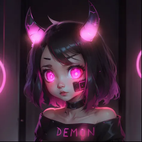 cute succubus, demon, girl, chibi, neon lights, beautiful eyes