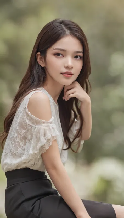 best qualtiy，tmasterpiece，超高分辨率，(photorealestic),（realisticlying：1.4），RAW photogr，1girll，(Full body photo，inside in room，sit on chair，Legs crossed)，good-looking face，Slim，Dignified，Small Fresh，（White color blouse，black short skirt），ssmile，cabelos preto e l...