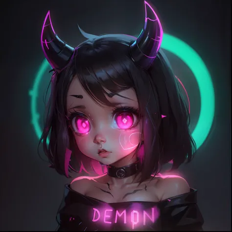 cute succubus, demon, girl, chibi, neon lights, beautiful eyes