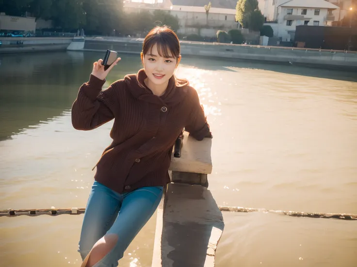 High quality，1 beautiful woman，Sit by the river and take pictures