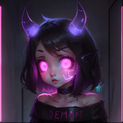 cute succubus, demon, girl, chibi, neon lights, beautiful eyes