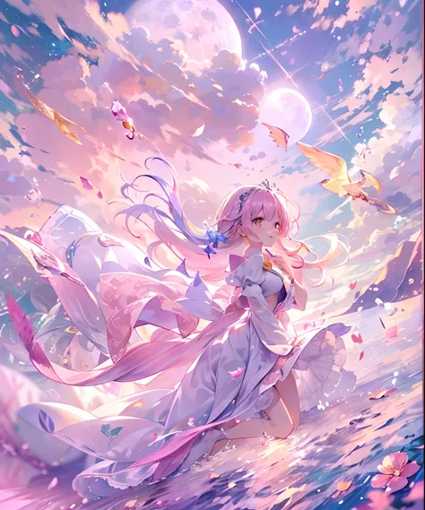 (((​masterpiece)))、(((top-quality)))、((ultra-detailliert))、(illustratio)、((extremely delicate and beautiful))、、Bright smile、floating、Light purple hair、(Detailed light) (1girl in)、、独奏、The long-haired、The wind is blowing、A WORLD、（cute eye）、Pink moon、Pink sky...