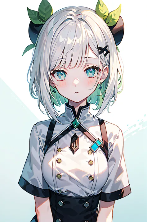 blunt bangs, bob cut, masterpiece, best quality, best illustration, ultra-detailed, upper body, solo, 1 girl, looking at viewer, upright, arms at sides, beautiful detailed eyes, concept art, white background, simple background, white hair, green gradient h...