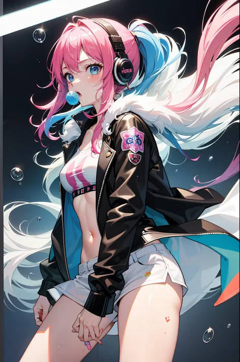 arcade girl, wet hot pants, wet no sleeve white t-shirt, black leather coat, cape, colourful hair, blowing bubble gum, no underwear, showing off, holy tattoo, earphone