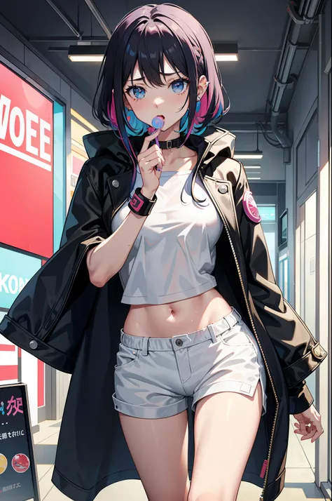 arcade girl, wet hot pants, wet no sleeve white t-shirt, black leather coat, cape, colourful hair, blowing bubble gum, no underwear, showing off, holy tattoo, earphone