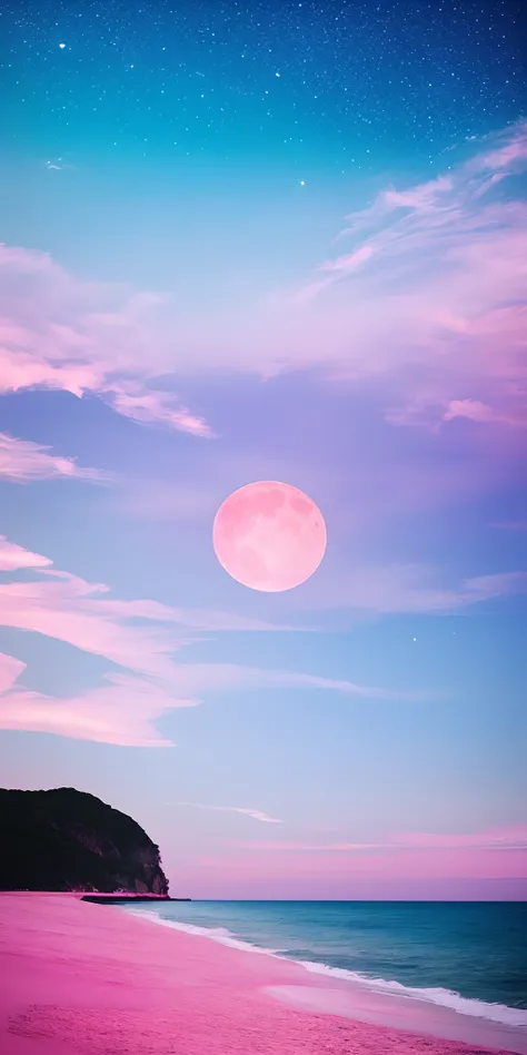 Pink moon, pink sky, soft pink clouds, pink ocean waves sparkling, sparkling, pink roses on pink ocean, fantasy, diamond, crown, universe, soft lights,