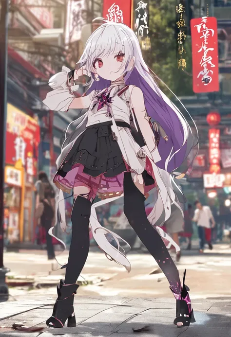 "China-style，white long straight hair，Purple eye，short  skirt，The legs are thin and long，An elegant and dignified two-dimensional girl"