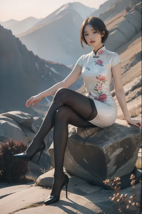 (full body:1.5)，(1girl:1.3),(view the viewer:1.4)，(anatomy correct:1.4),(Opaque pantyhose and pointed thick heels :1.3),(sitting on the top of mountain:1.2),(Wearing a Chinese style floral dress:1.2),Golden flowing short hair:1.2),(Accurate and perfect fac...