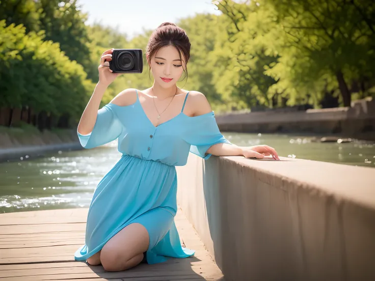 High quality，1 beautiful woman，Sit by the river and take pictures