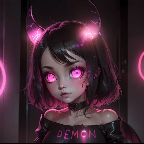 Succubus bonito, Demon, garota, Chibi, neon lights, Olhos bonitos