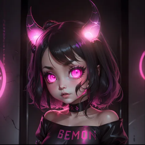 Succubus bonito, Demon, garota, Chibi, neon lights, Olhos bonitos