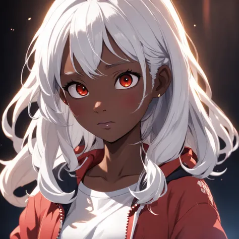 Female, age 16, 3D Pixar style character, bulk body, front image, dark skin color, white hair color, clothing, white T-shirt with red jacket, looking at viewer, solo, upper body, ((masterpiece)), (best quality), (extremely detailed), depth of field, sketch...