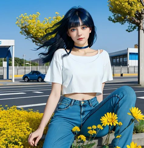 (high-quality, breathtaking),(expressive eyes, perfect face), short, young girl, long dark blue hair, blue eyes, soft smile, white crop top, long black pants, choker, urban setting, blue sky, shine, glow, yellow flowers, blunt bangs, himawari uzumaki, long...