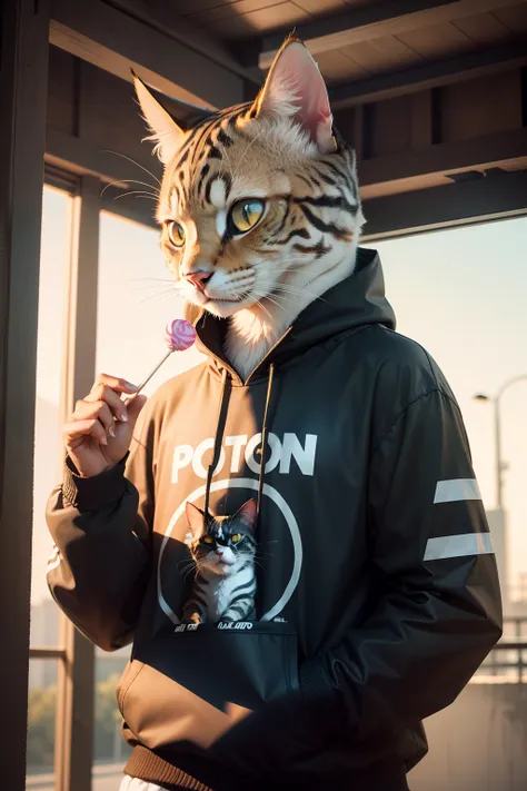 anthropomorphic cat, Wear sportswear, Eating a lollipop, lightroom, Cinematic, hdr, primitive, Intricate, High quality, soothing tones, Intricate details, Low contrast