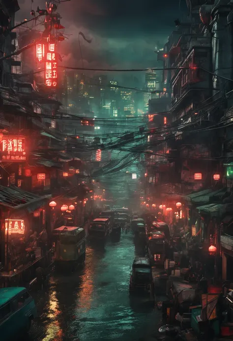 Cyberpunk city from sci-fi movie, night, shrouded in green smoke, bridge, old shop, Strange Tales from a Chinese Studio, red lanterns, ghosts roaming the streets, irregular, circuit boards, wires, intricate, super detailed, realistic, hyper Realistic, High...