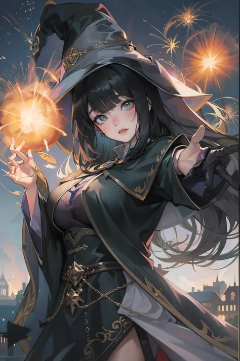 Witch with cat and fireworks in the background, black - haired mage, Seductive Anime Girl, Green eyes, flirty anime witch casting magic, ArtGerm. Anime Illustration, very detailed Artgerm, pretty sorceress, range murata and artgerm, beautiful alluring anim...