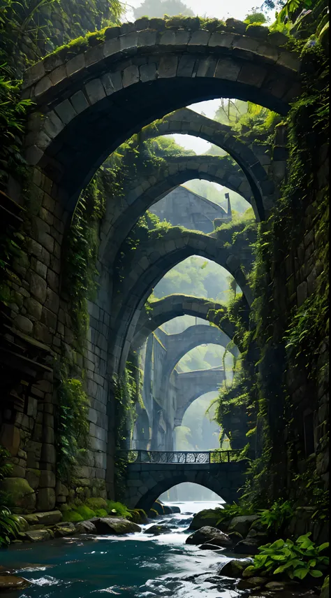 Medieval bridge in ominous blue-green jungle, bohemian modern village, photorealistic and detailed, 8k quality, National Geographic photo, overcast weather, medium distance, bridge perspective.