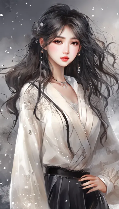 ((from size)), ((full body)), ((realistic)), Beautiful young girl, Beautiful Korean model, cabelos preto e longos, curlies, By bangs, (slender leg), (cold light, the night, starrysky), (at winter season, nevando, parks). ((White sweater, bshoulders, One sh...