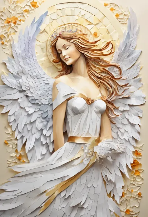 (FULL BODYSHOT:1.4),  White background, (1 Angel Girl,Glowing wings, Halo, Exquisite headdress, Smile), (paper art, Quilted Paper Art, Geometry), highly colorful