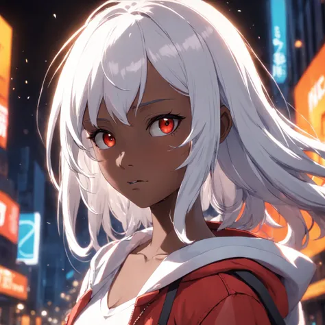 Female, age 16, 3D , front image, dark skin color, white hair color, clothing, white T-shirt with red jacket, looking at viewer, solo, upper body, ((masterpiece)), (best quality), (extremely detailed), depth of field, sketch, dark intense shadows, sharp fo...