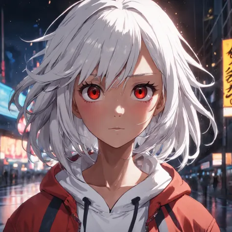 Female, age 16, 3D , front image, dark skin color, white hair color, clothing, white T-shirt with red jacket, looking at viewer, solo, upper body, ((masterpiece)), (best quality), (extremely detailed), depth of field, sketch, dark intense shadows, sharp fo...