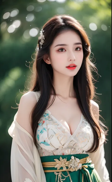 ((Best Quality, 8k, Masterpiece: 1.3)), Focus: 1.2, Perfect Body Beauty: 1.4, Buttocks: 1.2, ((Layered Haircut)), (Wet Clothes: 1.1), (Rain, Street:1.3), (Breasts: 1.2), (Hanfu: 1.2), Bare Shoulders, Bare Legs, Highly Detailed Face and Skin Texture, Fine E...