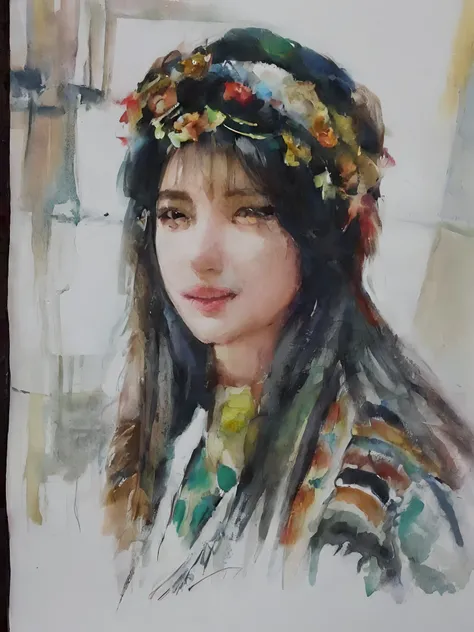 painting of a woman with a flower crown on her head, Portrait traditionnel, Portrait de fille, Aquarelle sur papier, Peinture de belle, Art traditionnel, aquarelle sur papier, very nice portrait, Realistic watercolor, portrait peint, Portrait of a beautifu...