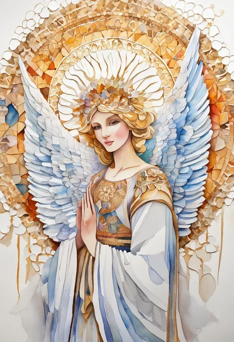 (FULL BODYSHOT:1.4),  White background, (1 Angel Girl,Glowing wings, Halo, Exquisite headdress, Smile), (paper art, Quilted Paper Art, Geometry), highly colorful