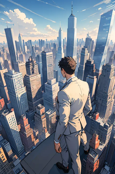 Man Overlooking the City、​masterpiece、top-quality、Very Detailed Masterpiece、hight resolution、8K、male people、business sui、businessman、suits、looking-down、Rear view、Will、highrise buildings、Buildings、newyork、ambition、careerist、entrepreneur、