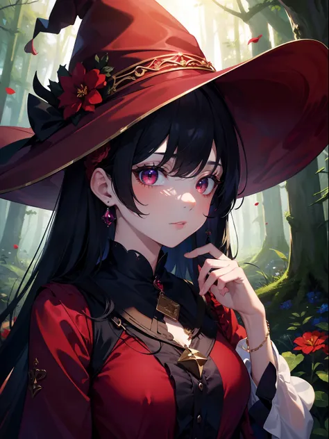 (Masterpiece, Best quality, ultra high resolution, splendid),1girl,witch hat, witch outfit,(Red clothes), beautiful and detailed face, detailed eyes,in a forest, flowers