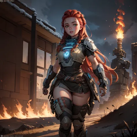 masterpiece, 8k, Aloy from Horizon Zero Dawn in a gears of war armor, full body, dark weather, Intricate details, Top light, Cinematic, Low camera, apocalypse, burning, flames, bodysuit, armor, kaiju8,