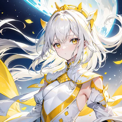 Yellow-white hair covered her long face like a helmet，Make his long face look like a small one，Lovely white clothes，It complements a variety of shades of yellow，There is a delicate makeup，shining face，Feel like a sweet girl