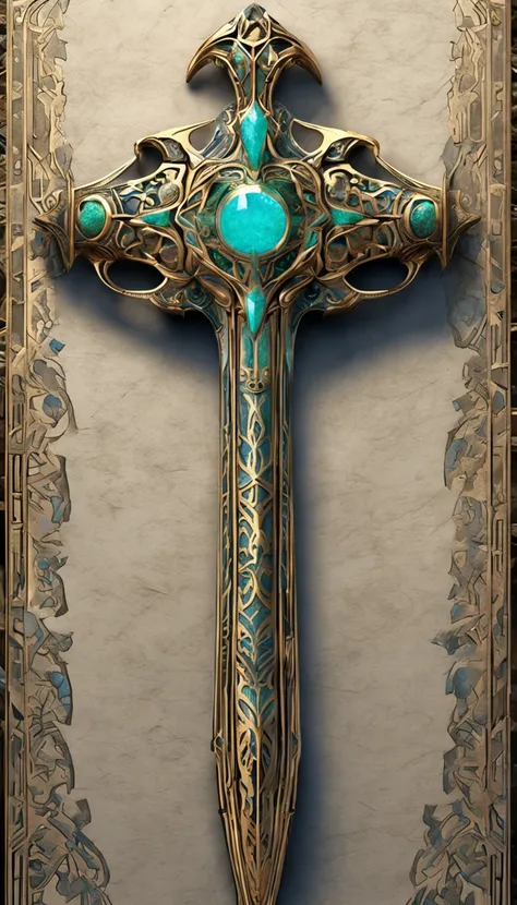 Excalibur, Mango exquisito, El cuerpo de la espada es delicado y exquisitamente ornamentado,（((The body of the sword is designed with blue opal and light green particle effect alien patterns..：1.3))), borde, (The body of the sword is symmetrically ornament...