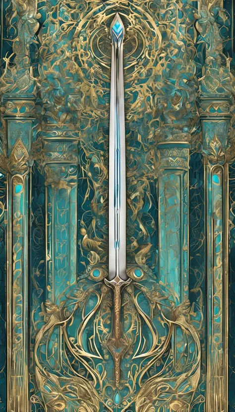 Excalibur, Mango exquisito, El cuerpo de la espada es delicado y exquisitamente ornamentado,（((The body of the sword is designed with blue opal and light green particle effect alien patterns..：1.3))), borde, (The body of the sword is symmetrically ornament...