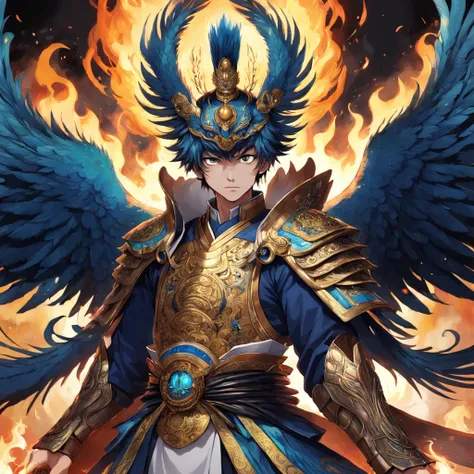 I want to draw a peacock Ming King, Ming King of Esoteric Buddhism, With a touch like an old samurai。Has peacock-like wings、Engulfed in flames。Eta、Flames covered mainly with human parts。Armoured pocket、Iron mask、He holds a sharp sword in both hands。