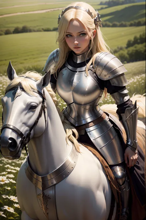 blond woman in armor riding on a white horse in a field, of a beautiful female knight, fantasy knight, wearing shining armor, beautiful female knight, portrait of female paladin, immensely detailed scene, shining armour made of steel, female knight, strong...