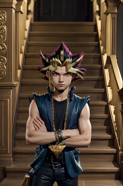 best quality, close-up shot of a yami yugi from yu-gi-oh, with his arms crossed and a confident smirk on his face. yugi's hair i...