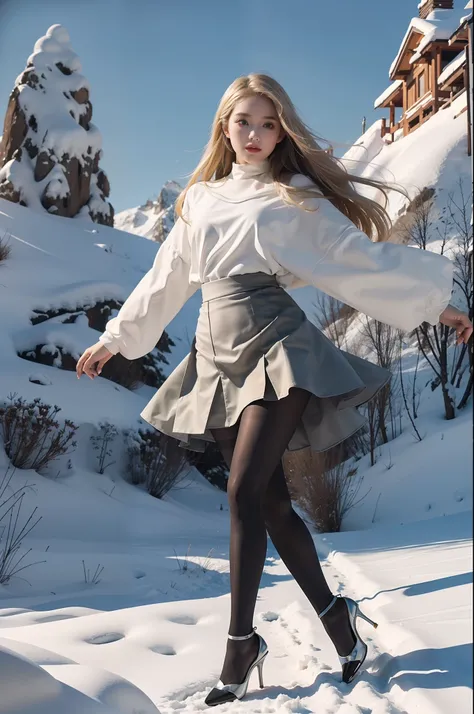 (full body:1.5)，(1girl:1.3),(view the viewer:1.4)，(anatomy correct:1.4),(Opaque pantyhose and pointed thick heels :1.3),(Dancing on the top of a snowy mountain:1.2),(Wearing a Indian style high waisted skirt:1.2),(Long blonde hair:1.2),(Accurate and perfec...