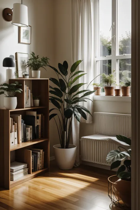 bookshelf, sofe, indoors, plant, potted_plant, window, day, pillow head, book, no_humanity, bed, table, sunlight, curtains, scen...