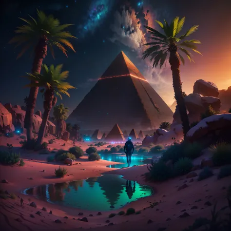 (Extremely colorful, Best quality, high detal, Masterpiece, Cinematic lighting, 4K, Chiaroscuro),scenecy,Supernatural scenery，Chrono Enforcers travel through time，Genesis，Desert, oasis,starry sky, traveler, desert vegetation, Colorful, Hyperpyramid, Perfec...