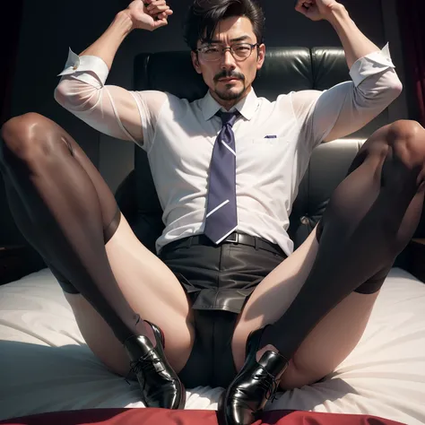 45 yers old，Kogoro Mouri，uncle，Tong，Bulge，On the seatbed，Black short stockings，Slip leather shoes，lbeard，fortitude，k hd，artwork of a，an look of enjoyment，Be red in the face，There is a white liquid on the legs，opening legs，wear suit，The crotch is raised，Kog...