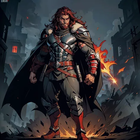 Darkest dungeon style, Sadurang from Marvel, hunk, wild mane, defined face, detailed eyes, short beard, glowing red eyes, dark hair, wearing heavy armor, cape of furs, scaled armguards, scaled sleeves, grey pants, heavy boots